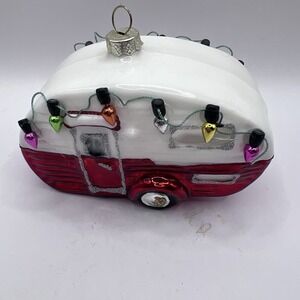 Retro Christmas RV CAMPER TRAILER With Lights Blown Glass Hanging Ornament